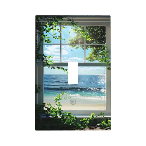 Decorative Switch Covers Plate Window Beach Seascape View Green Leaves 1 Gang Wall Plate Oversized Single Toggle Wall Cover Plate Jumbo Electrical Light Switch Plate Faceplate