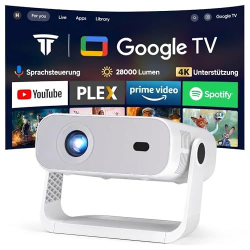 [Wielio 2026 Upgrade Google TV Beamer] Native 1080P, 4K-Unterstützung, 28000 Lumens,elektrischer Fokus & Trapezkorrektur, WiFi & BT Heimkino Beamer, Mini Projektor mit 360° drehbarem Ständer