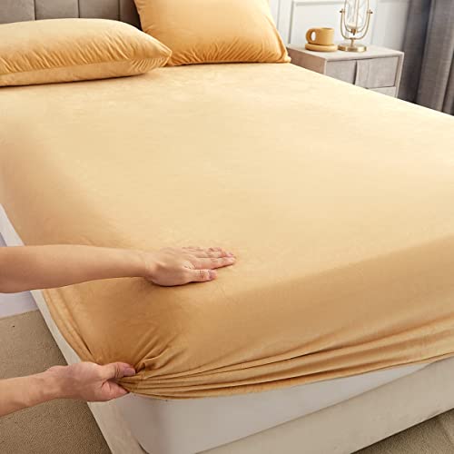 Velvet Flannel Fitted Sheet Twin Size,Super Soft Thickened Fleece Plush Bed Sheet Mattress Protector Cover,Warm Bed Fitted Sheets With 8-16" Deep Pocket,1 Pack Fitted Sheet Only（Camel） #TOP1