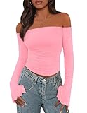 Picture of PRETTYGARDEN Fall Tops for Women 2025 Trendy Long Sleeve Crop Mesh Slim Fit Y2K Cute Shirts Going Out Off The Shoulder Top (Pink,Medium)