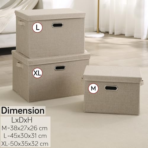 Image of HOKIPO Polyester Linen Multipurpose Storage Box With Lid For Wardrobe, Home And office, Beige, Large, Pack of 2 (Ar-4369-L*2) Rectangular