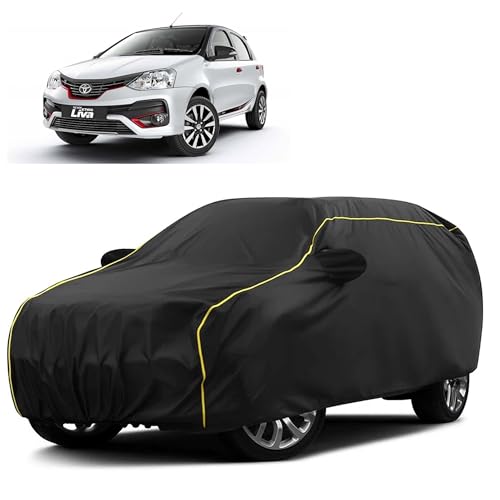 Image of Sulfar 100% Water Resistant Car Body Cover Compatible with Mirror for Toyota Etios Liva (Triple Stitched, Full Bottom Elastic, Black Taffeta with Yellow Piping)