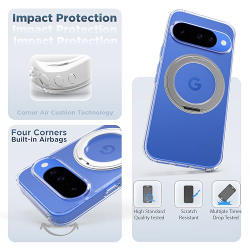 Image of RIGGEAR Shockproof Clear Hybrid Armor 360 Rotating Magnetic Ring Stand Back Cover Case Compatible with MagSafe Accessories for Google Pixel 10 / Pixel 10 Pro (Transparent PC + TPU Bumper)