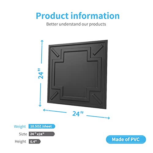 Image of Art3d Decorative Drop Ceiling Tile 2'x2', Glue-up 3D Textured Ceiling Panel, Plastic Sheet in Black(12 Pack)
