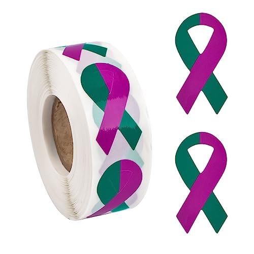 WANDIC Teal&Purple Ribbon Sticker, 500 Pcs Suicide Prevention Awareness Stickers Labels Roll Sexual Assault Awareness Ribbon Package Sealing for Event Gift Letter Bags