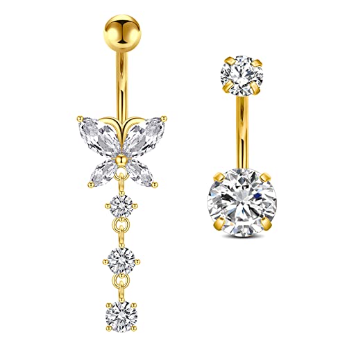 Crdifu 2 Piezas Piercing Ombligo Acero Inoxidable 316L 14G 10mm Color Oro Joyería Corporal con Circonita Cúbica Colgante Mariposa para Mujer