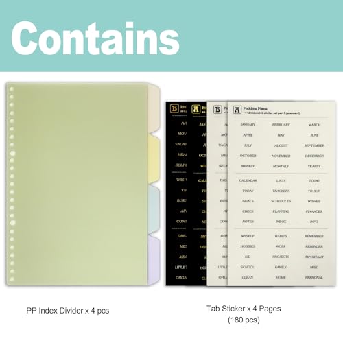 Zelten PP Binder Index Dividers mit 4 Blättern Tab Aufkleber für Personal Organizer Planner Loose Leaf Notebook(PP Mehrfarbig 4-Tab,B5 / 26 Loch)