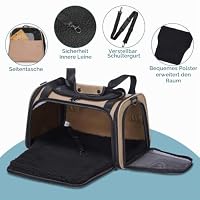 Petsfit Transportbox Katze kleine Hunde leicht Hundetasche Flugzeug für kleine Hunde Katzen Transporttasche Hundetragetasche,Tragetasche Hund Flugtasche mit Schutzgurt & erweiterbare Matte, S/Khaki – Ansicht 3