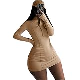 XLLAIS Women Bodycon Dress with Zipper High Neck Cotton Outfits Fitness Mini Dresses (Medium, Khaki)