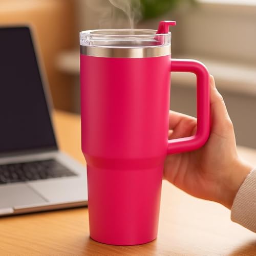 Image of Double Wall Insulated Stainless Steel Tumbler with Handle 1200ml | Travel Mug with Steel Straw| Hot & Cold Beverage Flask | Easy Carry Home, Office, Gym (Hot Pink)