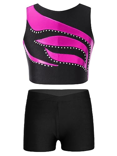 Girls Rhinestone Dance Outfits Sleeveless Straps Gymnastic Leotard Tank Top with Athletic Shorts Tracksuit Unitard