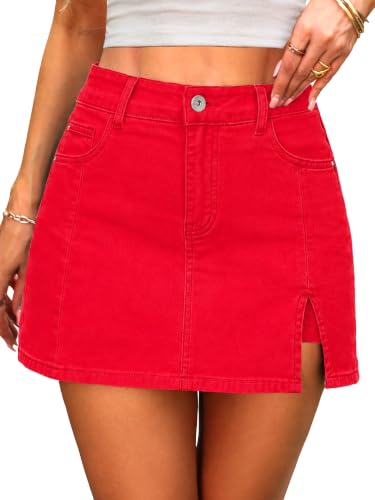 ELLEVEN Skorts Skirts for Women Denim Mini Skort Side Slit with High Waisted Jean Shorts Stretchy Black Mini Beach Shorts for Women Jean Skirt with Shorts Underneath Soft Red Medium