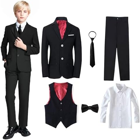 Yanlu Boys Suits Size 10 Boy Slim Fit Tuxedo Suit Formal Wedding Blazer Pants Vest Shirt Necktie and Bow Tie 6 Piece Black Kids Suit Cover