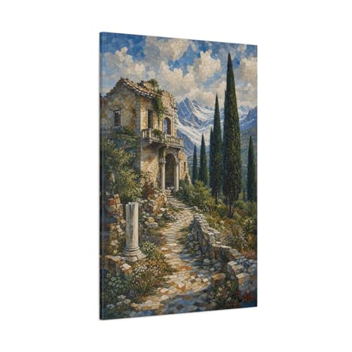 Tableau villa en ruine mosaïque 80x120cm pour décoration salon moderne au-dessus de cheminée