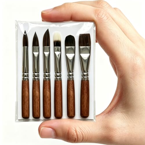 YFLLN 6 pcs Short Handle Watercolor Brushes,Professional Synthetic Squirrel Paint Brush Set for Detail Acrylic Gouache,Travel Art Paintbrushes Includes Round,Cat's Tongue,Dagger,Texture,Shaper,Flat