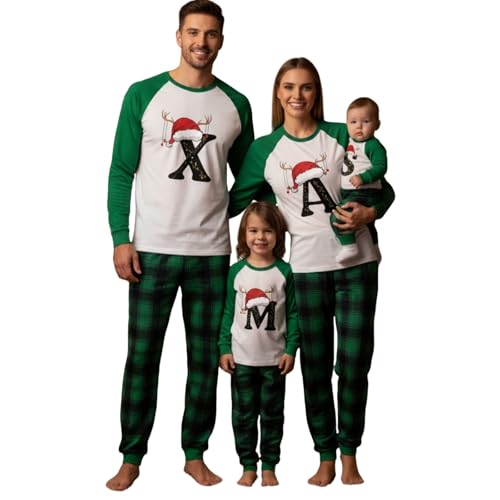 Conjunto de pijamas navideños familiares, ropa de casa verde a cuadros suave y acogedora para la familia, divertidos pijamas navideños a juego con estampado de letras para reuniones festivas, D, 3-4