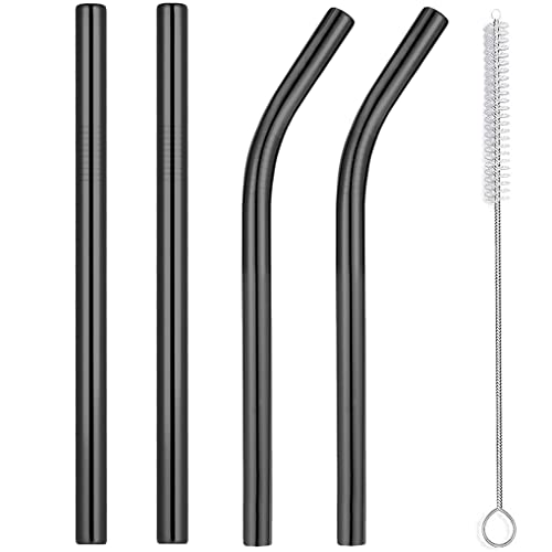 Image of Vinaco Reusable Wide Mouth Straws - 8.5 inch & 10.5 inch Stainless Steel, Set of 4 with CleanerBrush, Black Metal Straws forThicker Drinks