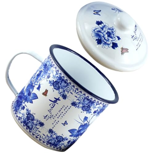 Amosfun Taza de Esmalte Retro Azul y 500 Ml Tapa Taza para Beber Té en Hogar y Oficina Adecuado para Desayuno y Bebidas Calientes