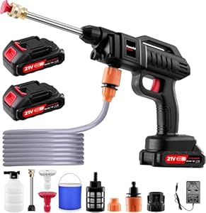 Cordless Pressure Washer, 21V 60 Bar and Charger 1500W Battery Pressure Washer with 6-in-1 Nozzle and 5m/16.8ft tube for Car/Floor/Garden Cleaning & Watering