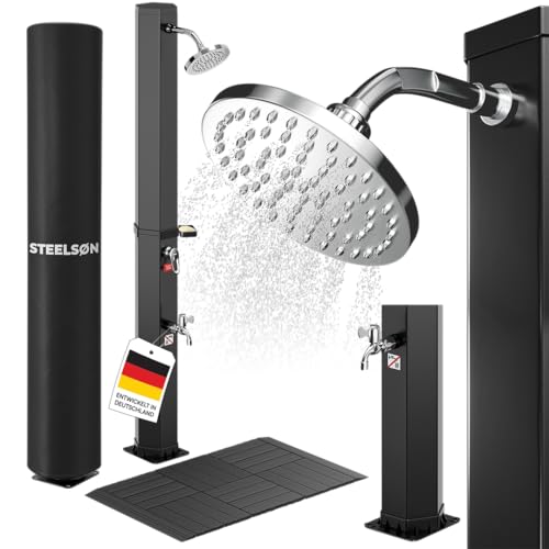 STEELSØN Xypher Solardusche mit Bodenplatte 60L – Gartendusche 60°C – Pooldusche ohne Stromanschluss – Outdoor Camping Regendusche – Außendusche mit Schlauch Anschluss & Abdeckung – Warmwasser Dusche