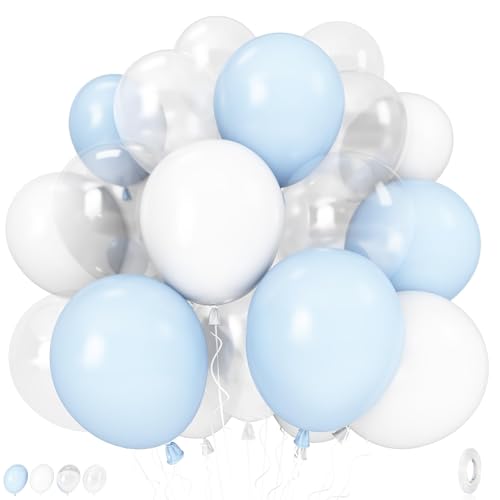 Image of Pastel Blue and White Balloons, 12 Inch 35PCS Light Baby Blue Pearl White with Clear Latex Balloon for Boys Birthday Bachelorette Party Bridal Baby Shower Winter Holiday Party Decorations Supplies