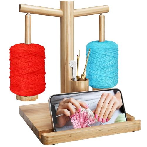 OCPO HOME Yarn Holder for Crocheting and Knitting with Phone Stand Wooden Double Spindles Yarn Holder Upgraded 360 Magnetic Rotating Yarn Spinner Crochet Gift for Knitting Lovers Natural