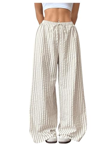GORGLITTER Women's Striped Wide Leg Casual Pants Oversized Drawstring Waist Baggy Trousers