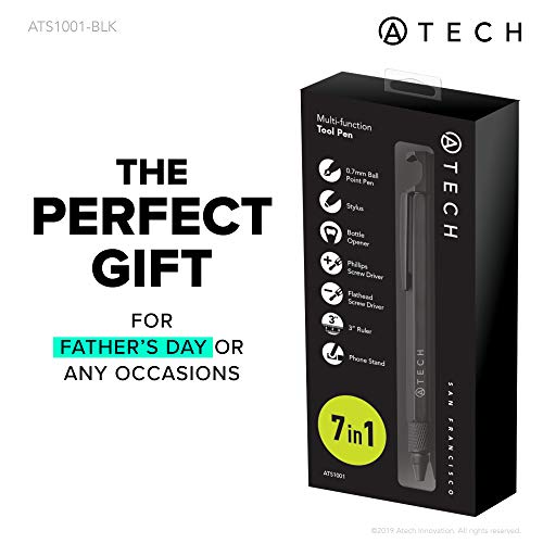 ATECH The Original Multifunction Pen 7 in 1 Tech Tool Pen with Ruler, Stylus, Bottle Opener, 2 Screw Driver, and Phone Stand, Multi Tool Fit for Mens survival (Black)