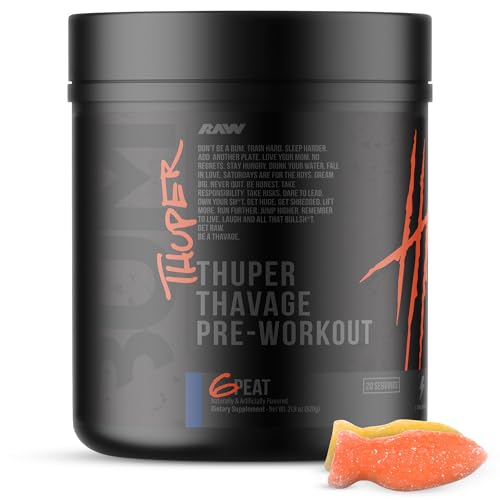 Image of RAW Thuper Thavage Pre Workout Powder - High-Stim Preworkout with Creatine, Beta Alanine, L-Citrulline & Caffeine - Chris Bumstead Gym & Fitness Supplement for Men & Women - 6 Peat (Red Gummy)