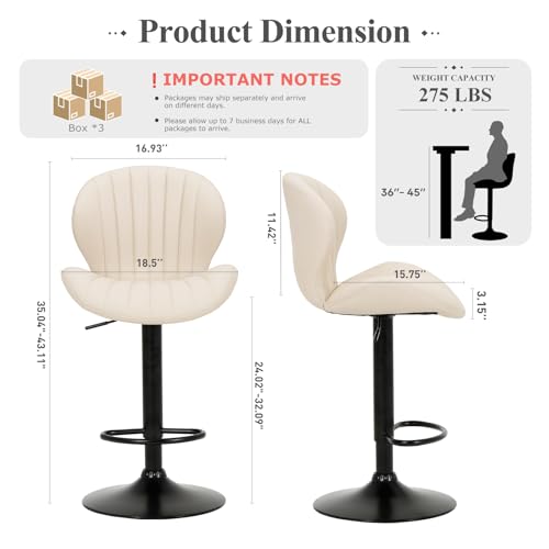 Image of COLAMY Bar Stools Set of 6, Modern Swivel Bar Chairs, Adjustable Faux Leather Upholstered Barstools Counter Height with High Backrest for Bar, Kitchen Island, Dining Room, Beige