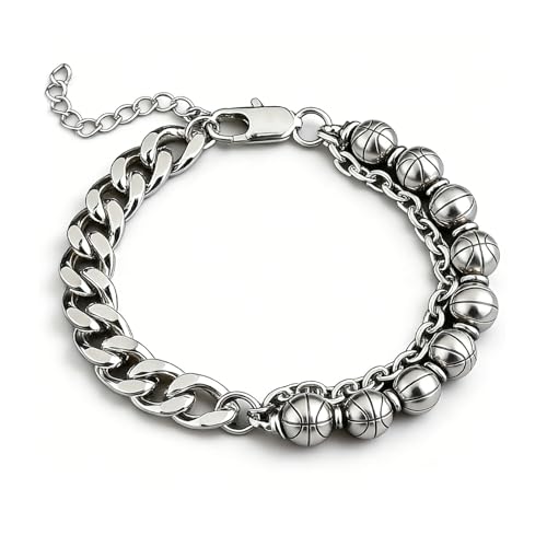 Ezponkl Stainless Steel Soccer Basketball Bead Bracelet - Punk Style Unisex Sports Jewelry for Football Basketball Fans & Fashion Lovers, 19cm+5cm Adjustable (soccer)