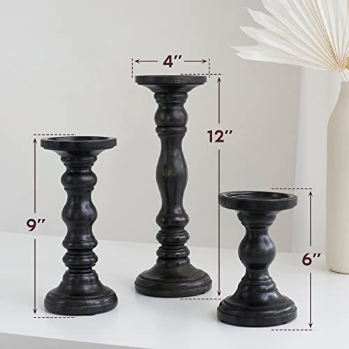 Large Candle Holders for Pillar Candles - Decorative Rustic Centerpiece Pillars Compatible with Battery-Operated Candles - Tall Farmhouse Wooden Candle Holders Pillar - Set of 3