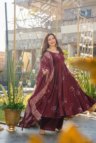 Image of ANNI Designer Women's Viscose Blend Umbrella Style Printed Kurta Palazzo with Dupatta | Elegant Kurta Set for Women | Stylish Palazzos & Dupatta Set | Ethnic Wear for Women