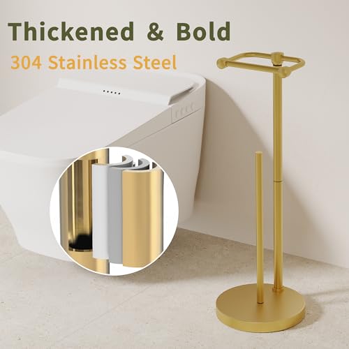 Image of Toilet Paper Holder Stand, Modern Bathroom Free Standing Toilet Paper Holder with Storage for 4 Rolls, Post Pivoting Toilet Paper Stand Stainless Steel Tissue Rack, Heavy Stable Base(Brushed Gold)