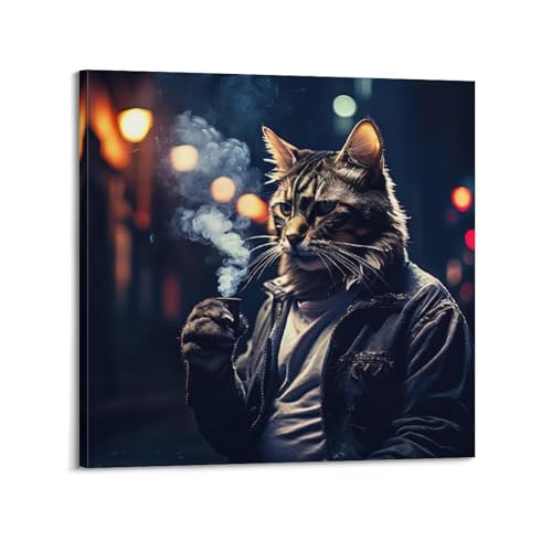 XFUHB Impression sur toile représentant un chat gentleman dans la fumée - Poster décoratif sur toile - Décoration murale moderne pour chambre à coucher - 30 x 30 cm