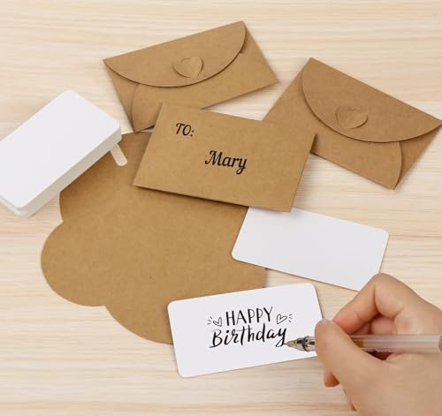 Gift Card Envelopes, 50 Pcs Mini Kraft Paper Envelopes With Heart Clasp and Blank Cards for Greeting, Mailing, Wedding Party Favors (4.1 x 2.8 Inch)