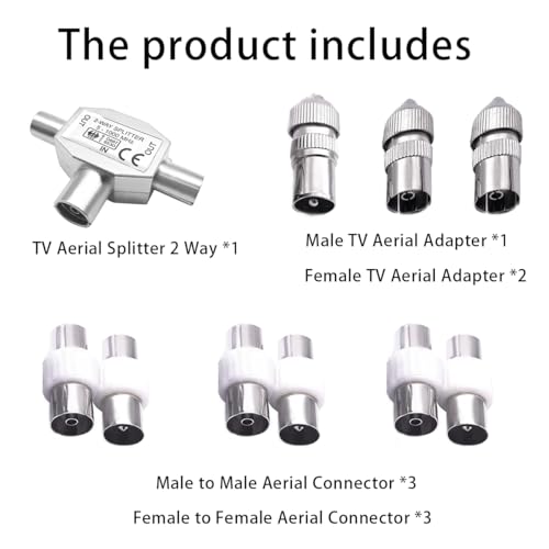 BJFITIFY TV Aerial Splitter 2 Way, Cable TV Coax Splitter 1 Female to 2 Male with Female and Male TV Aerial Connector Coaxial Digital Aerial Male to Male and Female to Female Aerial Connectors - Image 5
