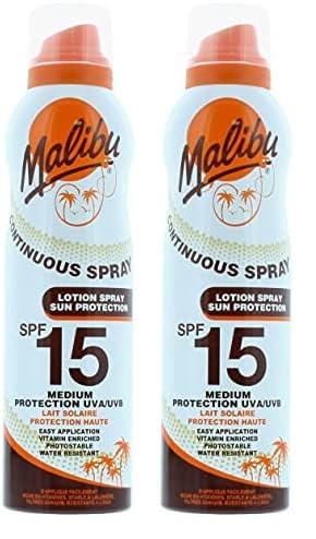Malibu Sun SPF 15 Continuous Lotion Spray Sunscreen, Vitamin Enriched, Water Resistant, 175ml (Pack of 2)