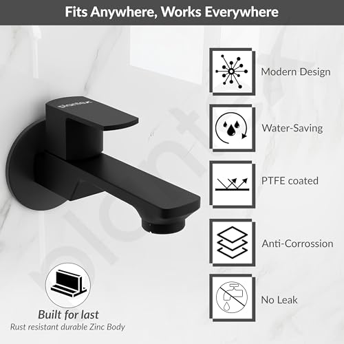 Image of Plantex Single Lever Long Body Bib Tap for Bathroom with Water Saving Aerator /Tap for Wash Basin with Brass Spindle /Wall Mount Bib Tap with Wall Flange and Teflon Tape (SAGA-Black)