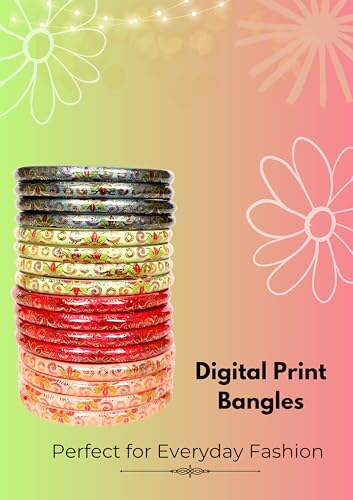 Image of Swara Creations Red Green Mehrun Yellow Bangles for Women /Digital Prints Bangles /Light Shiny Prints /Glass Bangles (16Pcs)(SKU270)