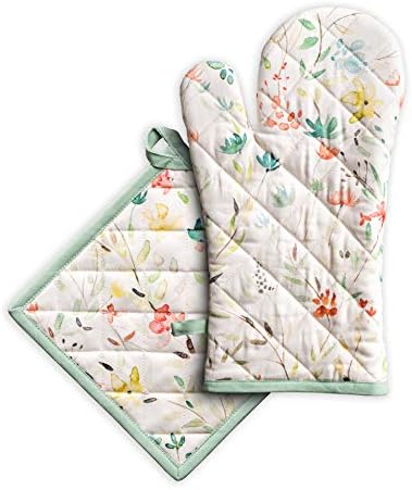 Maison d' Hermine Oven Mitt & Pot Holder 100% Cotton Easter Heat Resistant Oven Gloves (7.5"x13") & Hot Pads (8"x8") Combo for BBQ, Cooking, Chef, Wedding & Restaurants, Colmar - Spring/Summer