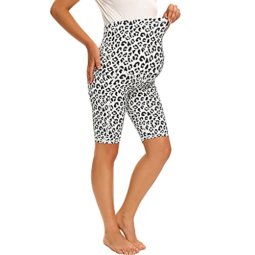 Mazusports Women's Maternity Yoga Shorts Over The Belly Active Comfy Biker Workout Running Athletic Shorts Side Pockets Leopard, Large #TOP1