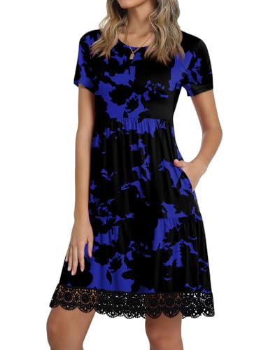 Image of TAOHUADAO Women's Summer Casual Tshirt Dresses Short Sleeve Ruffle Swing Lace Hem Dress with Pockets
