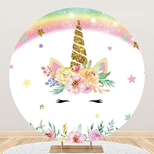 Laeacco 6x6ft Unicorn Rainbow Round Backdrop Pink Floral Gold Glitter Unicorn Circle Backdrop Colorful Stars Sequin Bokeh Photo Background for Baby Shower Girls Birthday Party Portrait Booth Props