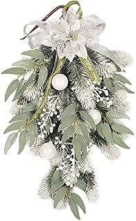 SLDHFE Artificial Christmas Teardrop Swag, 19.7inch Poinsettia Teardrop Wreath Artificial Front Door Swags Christmas Teardrop Floral Swag for Indoor and Outdoor Home Xmas Decor, White, 1PCS