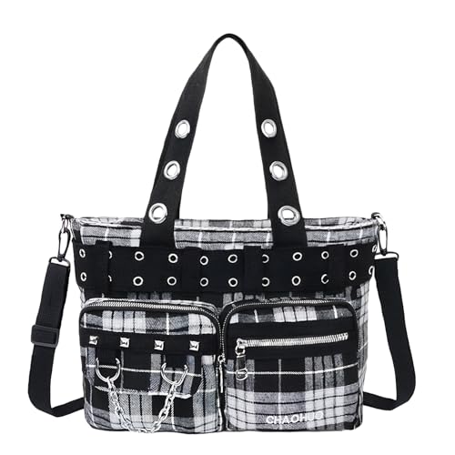 Aulenge Sac d'épaule pour femmes Motif carré rétro Sac style biker rock Végan Sac bandoulière croisé Avec sangle réglable Pour le style Quotidien Noir
