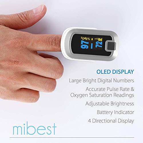 Image of Mibest Pulse Oximeter Fingertip, Blood Oxygen Saturation Monitor (SpO2) with Rate Measurements and Waveform Graph, Portable Digital Reading OLED Display, Batteries Lanyard and Carry Case Included