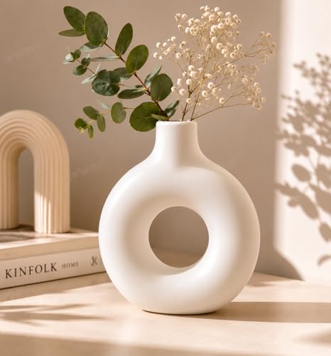 Image of Divyakosh White Donut Vase for Home Decor | Modern Geometric Flower Vase' (VASE' ONLY) for Center Table, Home Decoration Items for Living Room, Aesthetic Home Decor | 9 Inch