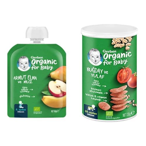 Gerber organik bebek maması seti (Meyve püresi ve sebzeli atıştırmalık, 90 g ve 35 g)