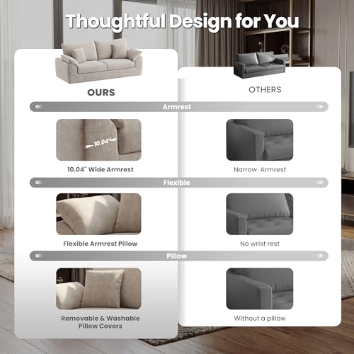 Image of 89.8 inch Modern Loveseat Sofa for Living Room, Cloud Boneless Couches with 4 Pillows, Mid Century Loveseat couches for Small Place, No Assembly Required, Camel